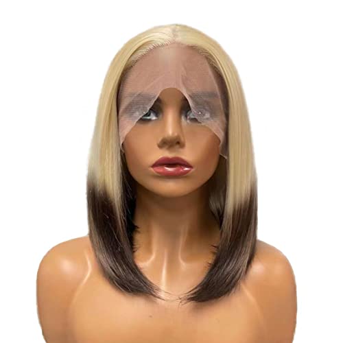 Wiginway Short Synthetic Lace Front Wig, 13x3 Lace Frontal Wigs for Women, Straight Bob Wig, Shoulder Length 14 Inch, Ombre Blonde Brown
