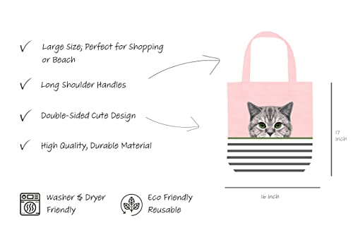 Cute Cat Pink Tote Bag - Cat Gifts For Women - Pink Black Cat Gifts For Cat Lovers - Cat Mom Gifts - Birthday Bags For Cat Lover Gifts - Teacher, Book Tote Bag - Large Reusable For Shopping (Pink Cat) #TOP3