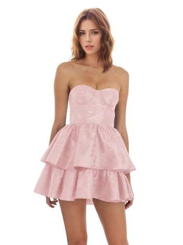 Maxianever Strapless Homecoming Dresses 2025 Short Satin Jacquard Mini A-Line Prom Cocktail Gowns for Teens