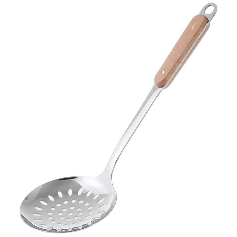 Image of 304 Stainless Steel Kitchen Utensil,Skimmer Slotted Spoon with Long Wood Handle,14.0 inches Skimmer Slotted Spoon
