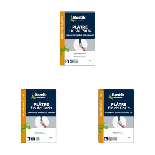Bostik - Plâtre Fin de Paris - Scellement, Rebouchage, Moulage - Intérieur - Tous Supports - Prise Rapide - Couleur : Blanc - 1 Boîte Carton 1 kg (Lot de 3)