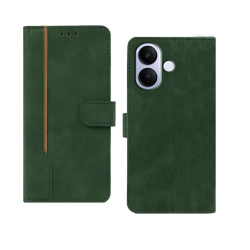 Image of amazon basics Vivo V60 Lite 5G Flip Cover | Card Pockets Wallet & Stand | Flip Cover for Vivo V60 Lite 5G (Green with Beige Strip)