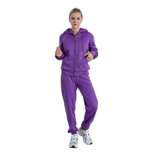 LeeHanton Womens 2 Piece Outfits Sherpa Lined Zipper Sweatsuits Winter Jogging Casual Warm Fleece Hoodies and Sweatpants(Purple L)