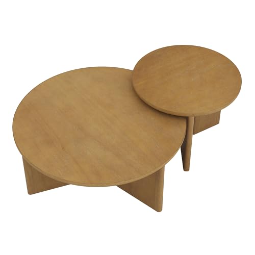 Image of Nathan James Davis Round Wooden Coffee Table, Nesting Coffee Table Set, Nested Table Furniture for Living Room, Light Brown
