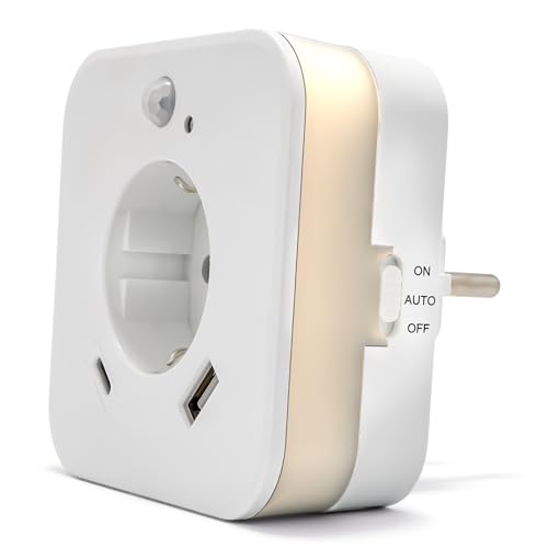 smrter LED-Nachtlicht mit Bewegungsmelder und Steckdose, 2x USB (1x USB C + 1x USB A) 2.4A, weiß, Ein/Aus/Auto Modus-Schalter, automatischer Lichtsensor, GS (geprüfte Sicherheit) (1 Stück [mit USB-C])