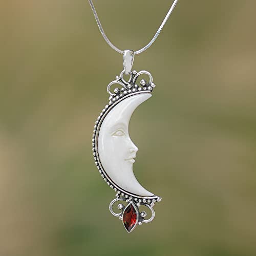 NOVICA Handmade Garnet Crescent Moon .925 Sterling Silver Artisan Bone Pendant Necklace for Women2