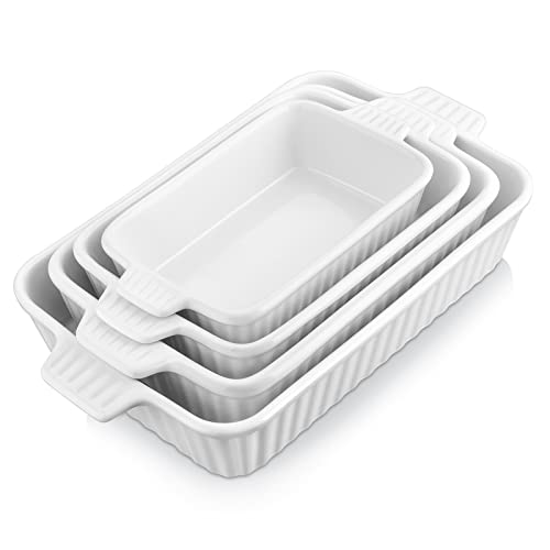 MALACASA Auflaufform, 4-teilig Set Groß & Klein Stapelbar Backformen (37, 30, 28, 24 cm) | Rechteckig Ofenfest Baking Dish aus Keramik für Lasagne, Braten, Tiramisu & Aufläufe, Weiß, Serie Bake