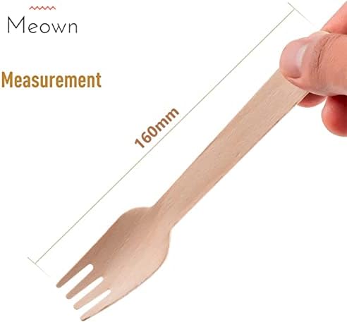 Meown Disposable Wooden Cutlery Set - Biodegradable Wooden Fork, Spoon, Knife, & Chip Fork - Compostable, & Plastic Free - Ideal for Wedding, Picnic, Party, Office (Wooden Spoon 100pcs & Fork 100pcs)