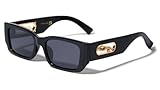 Dweebzilla Slim Sleek Plastic with Metal Jaguar Cut Out Retro Rectangular Sunglasses (Glossy Black & Gold Frame - Black Super Dark Lenses)