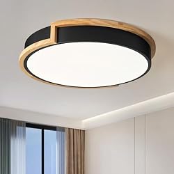 Peblto Modern LED Close to Ceiling Light, Round Flush Mount Ceiling Lighting Fixture, Matte Black with Wood Accent, Minimalist Kitchen Light Fixtures for Bedroom, Entryway, Living Room, 15.8in