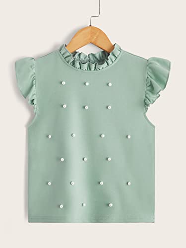 Romwe Girl's Summer Pearls Beaded Ruffle Cap Sleeve Keyhole Blouse Tops Shirt Mint Green 10Y #TOP1