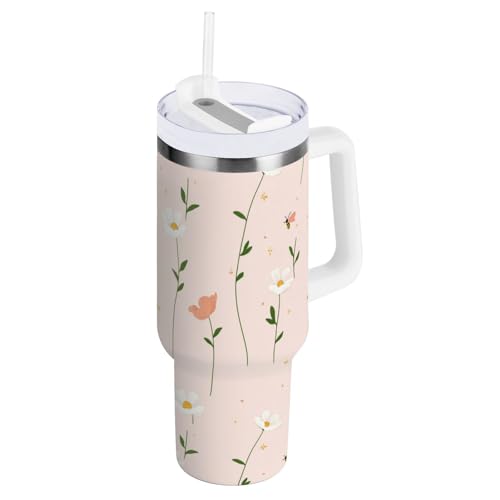 Vaso aislado al vacío con diseño de flores y blancos, con pajilla, resistente a fugas, botella de agua de viaje, reutilizable, taza de campamento para senderismo, deportes, campamento