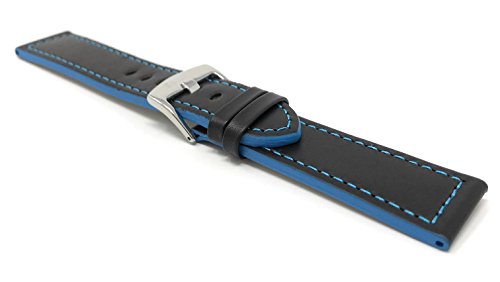 Bandini 24Mm Mens Italian Leather Watch Band Strap - Black With Blue Stitch - Racer - Side Color #TOP6