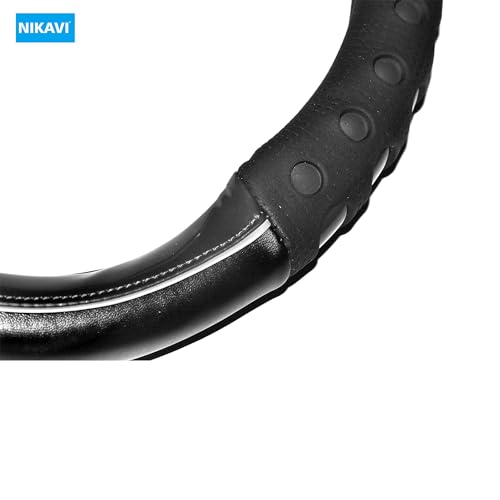 Image of NIKAVI Fashion Steering Wheel Cover - Black Color | Size - Small | Diameter 36 cm | O-Type | Car Steering Wheel Protector, Anti-Slip, Stylish Leather Finish Grip Cover for Round Steering Wheels
