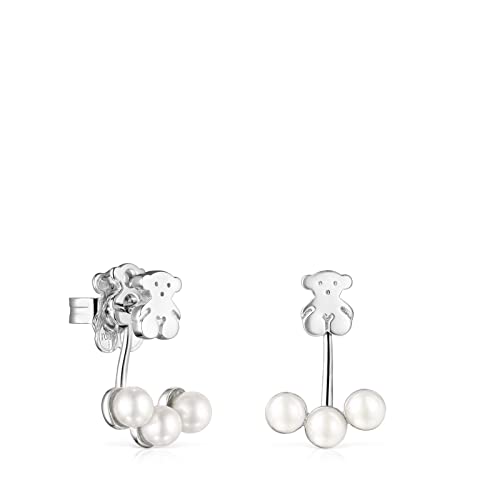 TOUS Pendientes de Plata de Primera Ley para Mujer con Tres Perlas de 4,5 cm y Motivo de Oso 0,7 cm, con Cierre de Presión, Fino y Elegante, Colección Nocturne