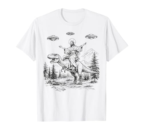 Jesus riding dinosaur UFO Funny Alien Christian dino raptor Maglietta