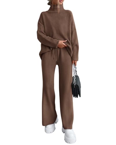 dowerme Women Spring 2 Piece Outfits 2026 Winter High Neck Sweater Sets Drawstring Wide Leg Pant Chunky Knit Lounge Set(Brown,Small)