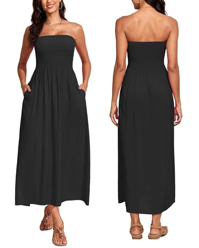 Capuffy Women's Strapless Boho Beach Dress Sleeveless Tube 2025 Summer A Line Sundress with Pockets Flowy Swing Maxi Dress 33