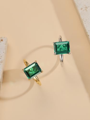 4ct 925 Sterling Silver Emerald-Cut Engagement Ring Simulated Emerald Solitaire Cubic Zirconia Wedding Ring Customizable Birthstone Rings for Mothers Valentines Thanksgiving Day Size 5-103