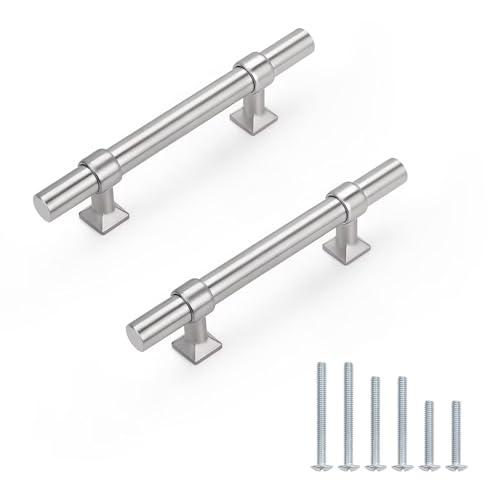 knobelite 10 Pack Hole Centers 3 inch Brushed Nickel Cabinet Pulls Stainless Steel Kitchen Drawer Handles with Zinc Alloy Base 5inch Length T Bar Dresser Pull Handle for Closets