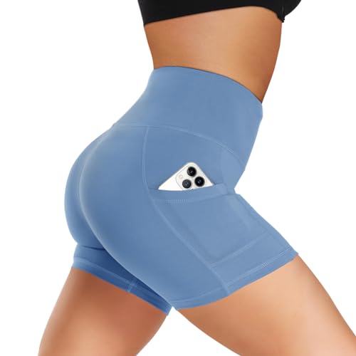 Biker Shorts Women with Pockets - 3"/5"/8" High Waisted Soft Tummy Control Workout Shorts for Yoga Athletic Gym 5 IN Small-Medium Light Blue