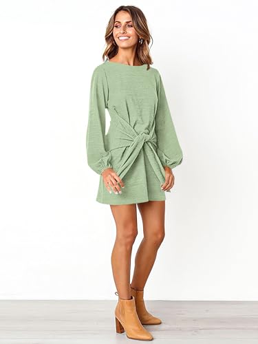 Image of PRETTYGARDEN Women Crewneck Long Sleeve Short Fall Dresses | Elegant Lantern Sleeve, Wrap Tie Waist, Casual Short Work Dress, Knit Fall Cocktail Dresses, Office Wear