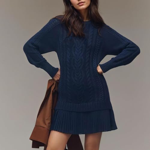 Women Crewneck Cable Knit Sweater Mini Dress, Sweater Dresses for Women 2025, Soft Stretchy Knitted Patchwork Dress2