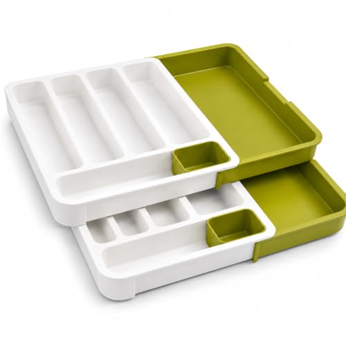 Image of Large Silverware Drawer Organizer, Expandable Utensil Tray for Kitchen, BPA Free Flatware and Cutlery Holder, Adjustable Plastic Storage for Spoons Forks Knives (Green-White, Pack Of 2)