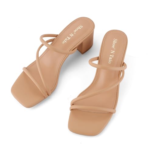 Image of Shoe'N Tale Strappy Heels For Women Low Chunky Block Heel Heeled Sandals Square Open Toe Slip On Slides Mules