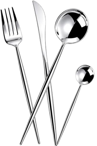 Image of Slim Handle Silver 16 Pcs Stainless Steel Cutlery Set for Dining Table, Dishwasher Safe Glossy Flatware (4 Spoon Set + 4 Forks Set + 4 Butter Knife + 4 Dessert Spoon)