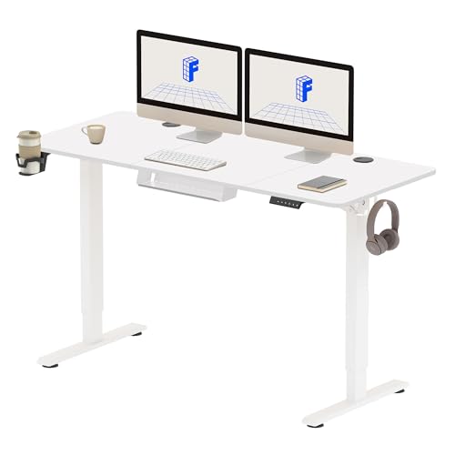 FLEXISPOT 140X60cm Escritorio Elevable Eléctrico con Tablero, con Gancho y Portavasos, Standing Desk, Mesa Elevable Escritorio de Elevable con Memoria Inteligente para Oficina y Hogar(Blanco)