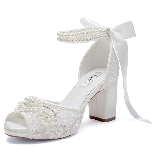 Image of Lace Pearl Wedding Shoes for Bride High Heel Bridal Shoes Peep Toe Platform Wedding Heels