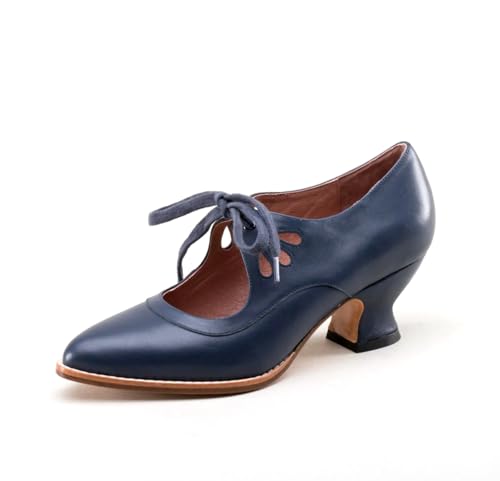Women's Chunky Kitten Heel Vintage Lace Up Leather Pumps,Ladies Trendy Dressy Casual Court Comfortable Closed Pointed Toe Fancy Holiday Shoe (Navy Blue,6)