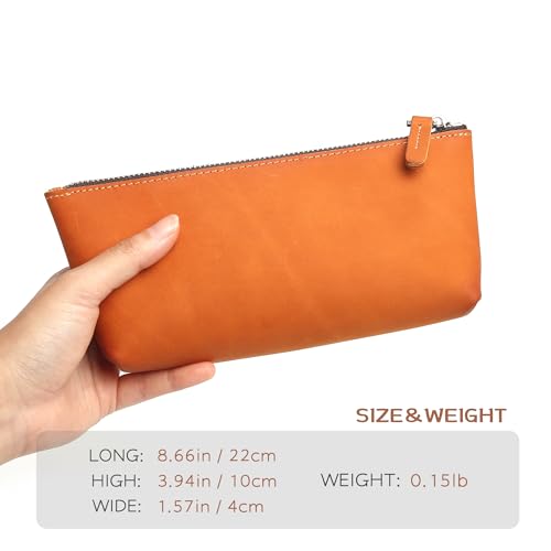Image of Leather Pen Pouch, Genuine Pencil Pouch, Elegant Handcrafted Zipper Pouch, Makeup Case for Women, Pencil Case Pencil Bag big Leather Pouch