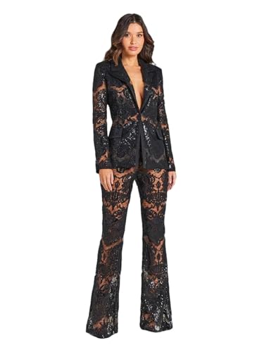 Women's Designer Runway Suit Set Single Buttons Guisolid Lace Blazer Flare Pants Set 2Pcs