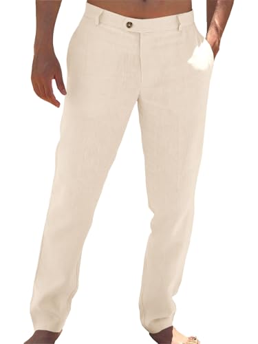 Runcati Mens Casual Pants Elastic Waist Linen Lightweight Straight-Legs Loose Fit Summer Beach Yoga Trousers Beige