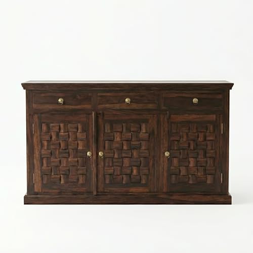 Image of SONA ART & CRAFTS Niwar Solid Sheesham Wood Sideboard Cabinet Storage Organizer with 3 Drawer & 3 Door Cabinet for Home Kitchen Living Room & Bedroom Multi Shelves Cabinets Hallway (Walnut Finish)