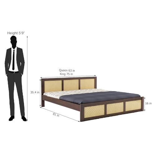 Image of Sheesham Wood Queen Size Cane Bed Without Storage Wooden Double Cot Palang Furniture for Bedroom Living Room Home Hotel (Walnut Finish) 1 Year Warranty