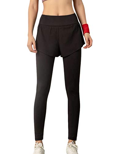 Lentta Women's Elastic High Waist Workout 2 in 1 Leggings Pants with Shorts Attachedï¼ˆBlack-Mï¼‰