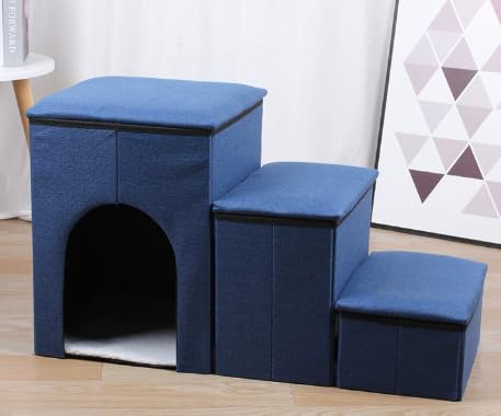 犬用ステップ 3段 犬用ソファラダー 犬用階段 ペット用階段 犬小屋 小型犬用ペット用ラダー 折りたたみ式収納 ペット用おもちゃ収納 収納ボックス 取り外し可能 丈夫 高齢犬用 介護用品 登山・滑り止め ペット用品 (ブルー)