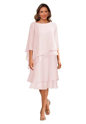 Tea Length Mother of The Bride Dresses for Wedding Scoop Neck 3/4 Sleeves Chiffon Ruffles Formal Evening Dress MDA0034