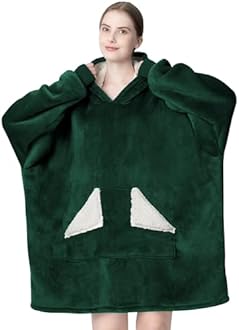 Touchat Wearable Blanket Hoodie, Oversized Sherpa Fleece Sweatshirt Blanket with Giant Hood Pocket and Sleeves for Adult, Warm & Cozy Blanket Gifts for Women (Forest Green)
