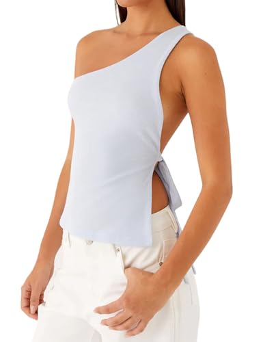 Women Backless One Shoulder Top Sleeveless Open Side Back Tie Self Tank Tops Summer Casual Going Out Top