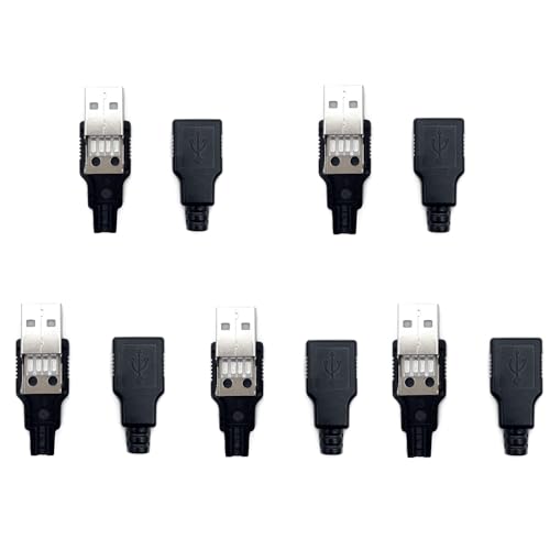 JZK Lot 5 connecteurs USB A mâles monter soi-même, adaptateur jack USB type A 4 broches mâle avec couvercle plastique noir, connecteur USB remplacement pour alimentation DIY, planche à pain, carte PCB