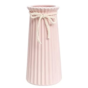 Pink Ceramic Ribbed Vases for Minimalist Modern Home Decor, Decorative Flowers Vase for Wedding Dinner Table Office Bedroom – 8 Inch / 20 CM