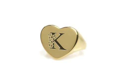 Bague en or coeur personnalisé avec lettres fleuries gravées main