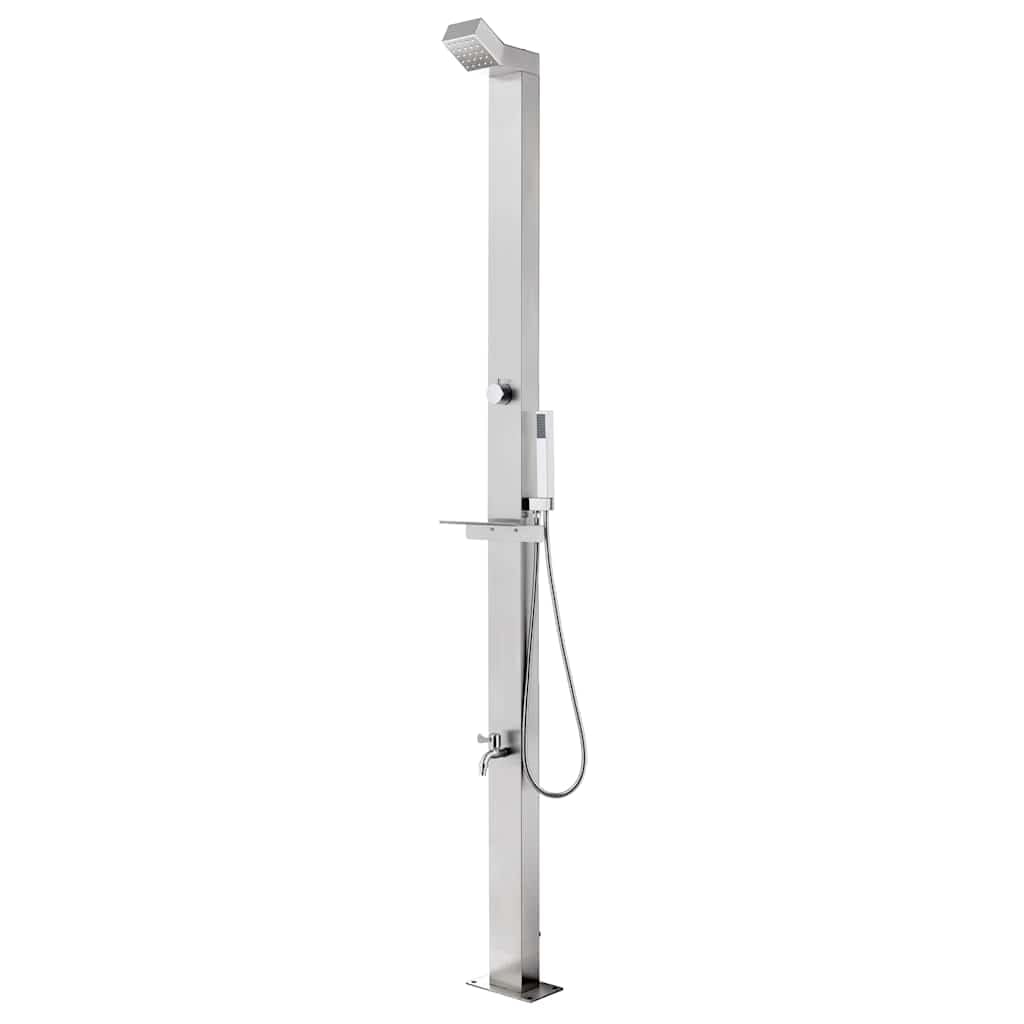 Ducha de jardín de acero inoxidable con base de WPC marrón, 225 cm de alto, incluye ducha de mano, grifo de lavado de pies y ducha de cabeza, ideal para jardín, piscina y terraza, resistente
