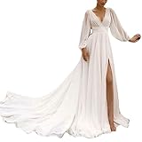 Damen Brautkleider, Elegantes Damen-Abendkleid Aus Chiffon Mit V-Ausschnitt Und Langen Ärmeln, Bodenlanges Brautkleid Mit Schlitz Und Schleppe Für Hochzeit Party Abschlussball Cocktail ,2,Ivory White