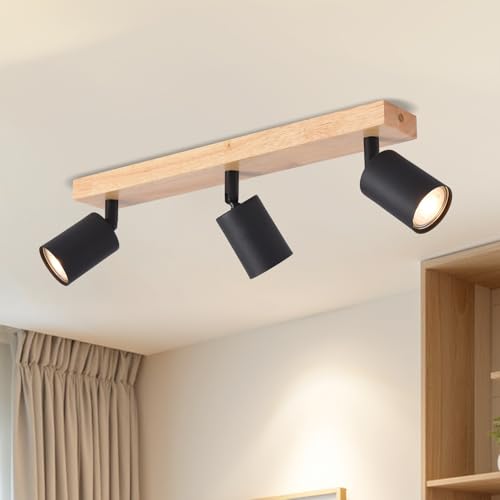 LVWIT Plafonnier 3 Spots LED GU10, Luminaires Intérieur Noir, Plafonnier Bois avec Base Rectangulaire, Applique Murale Salon, Lustre Chambre(Sans Ampoules)