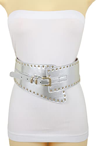 Women Fashion Gold Studs Buckle Western Belt Wide Faux Leather Elastic Silver S2